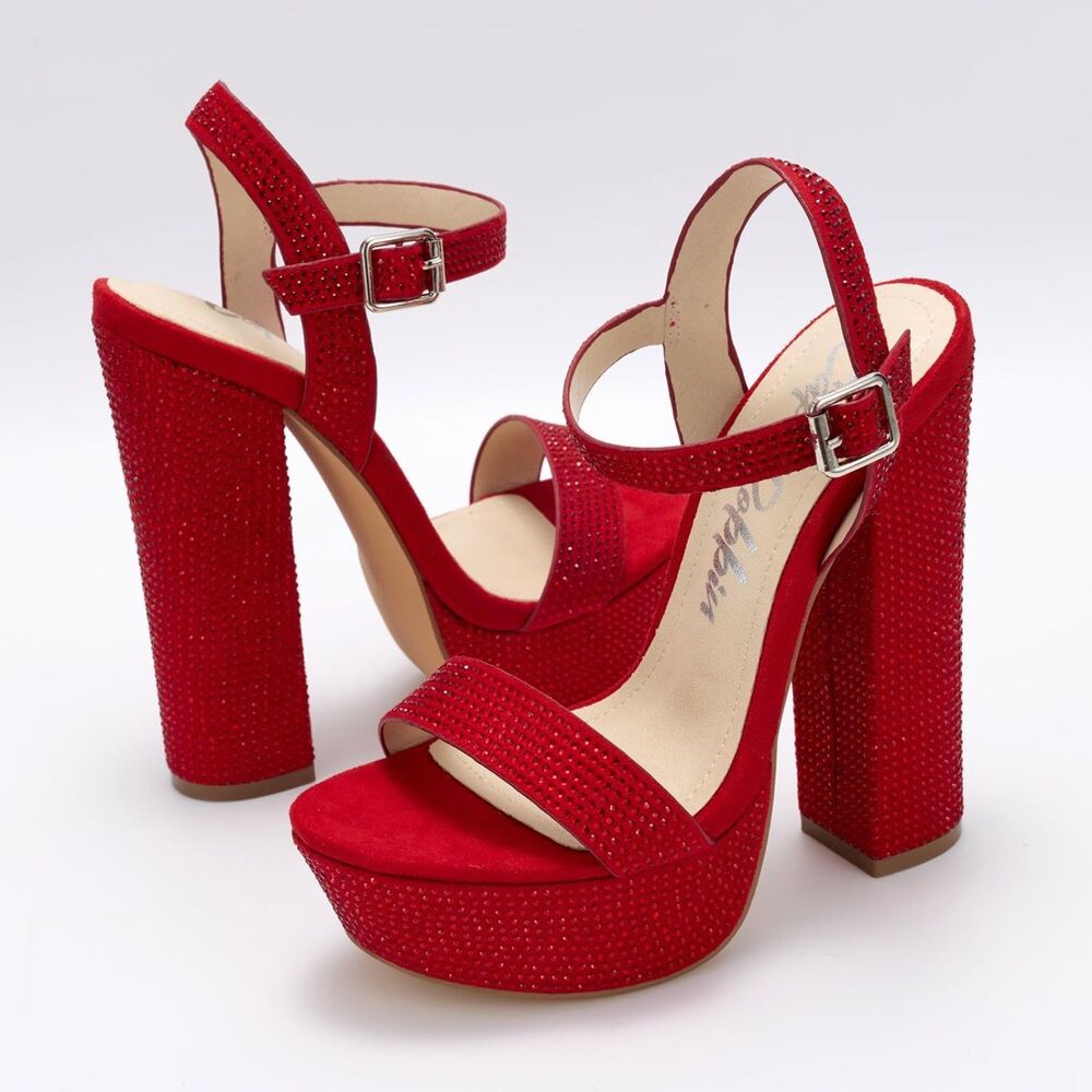 Women's Rhinestone Platform Heels Ankle Strap, Red, Size 8.5 - Picture 3 of 8